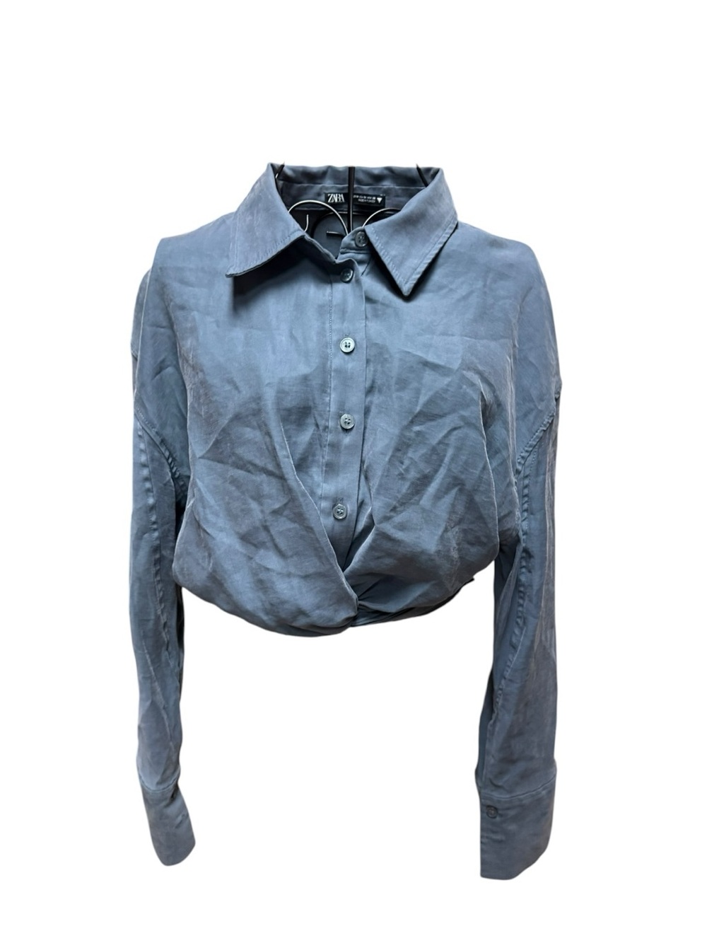 ZARA Dusty Blue Twist-Hem Button Down Shirt Medium